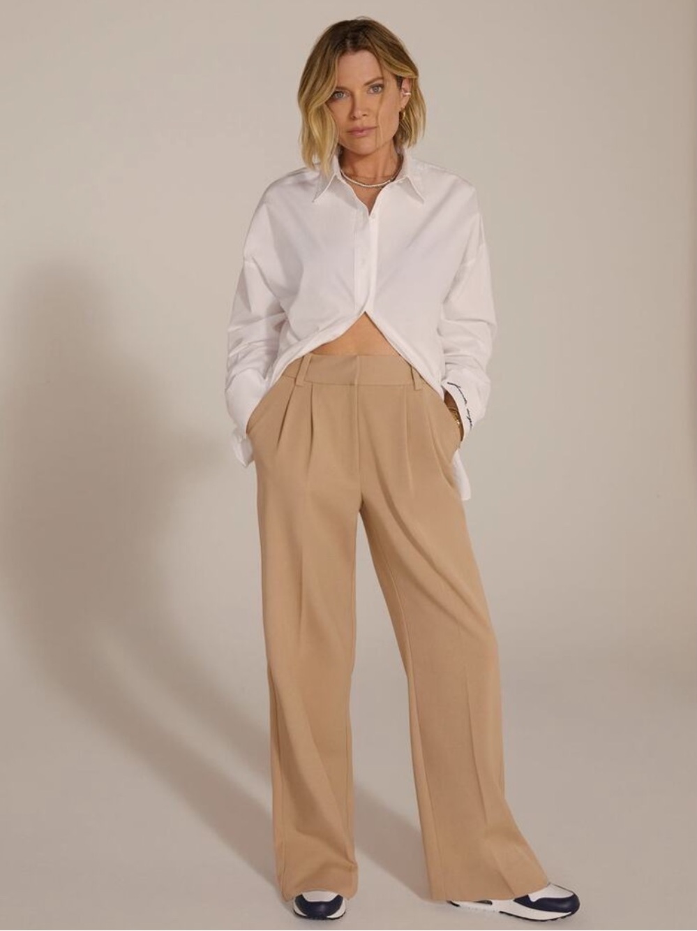Favorite Daughter The Favorite Pant Beige Cotton Wide Leg Pleated Trousers